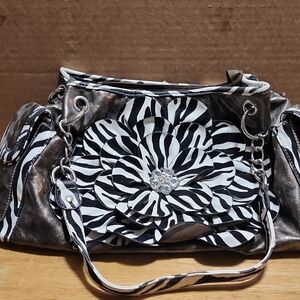 Zebra-Print Floral Accent Shoulder Bag - Black & White